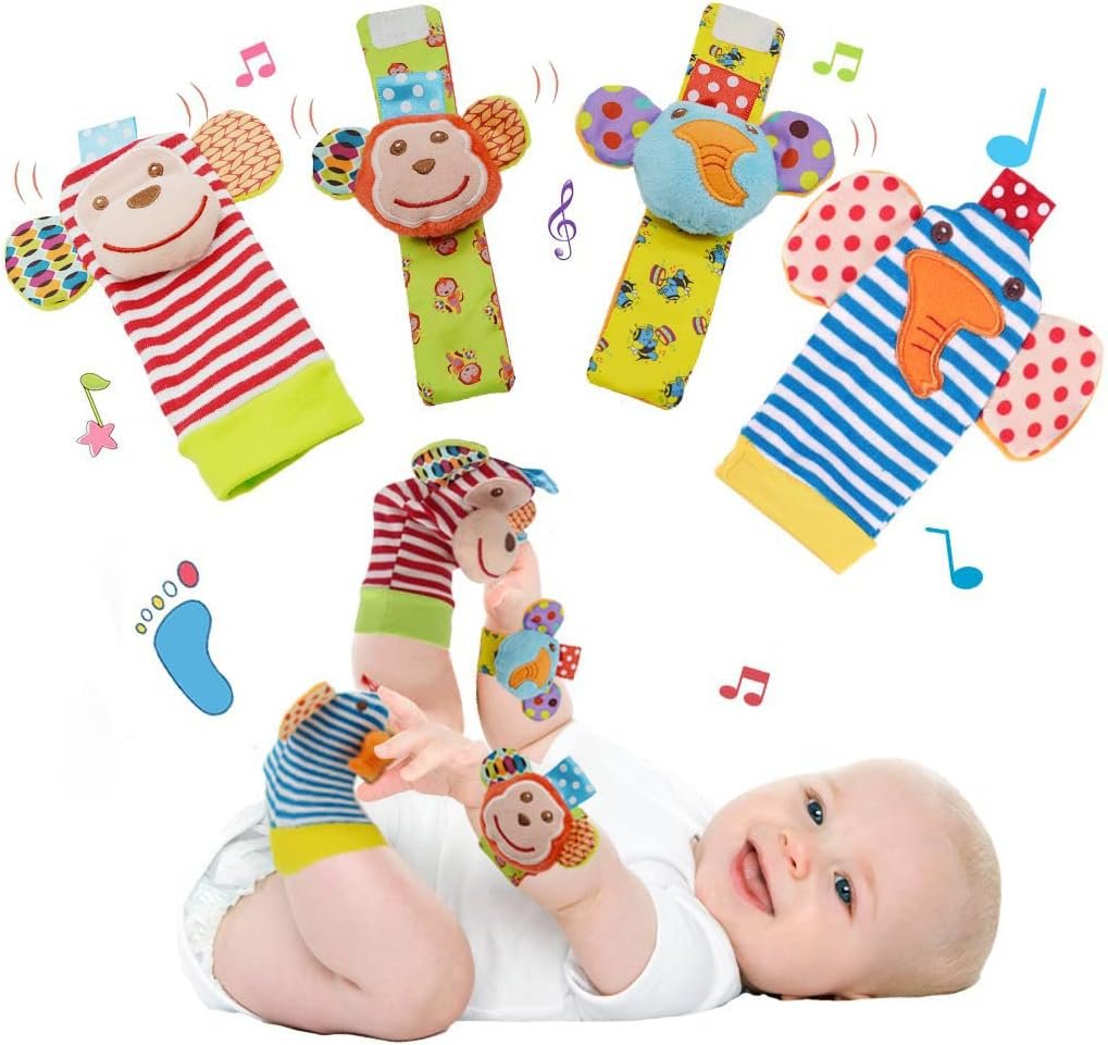 Baby Wrist Rattles Toys 0-3-6-12 Months & Foot Sock Rattle Toy, Monkey, Elephant, 4 Pieces