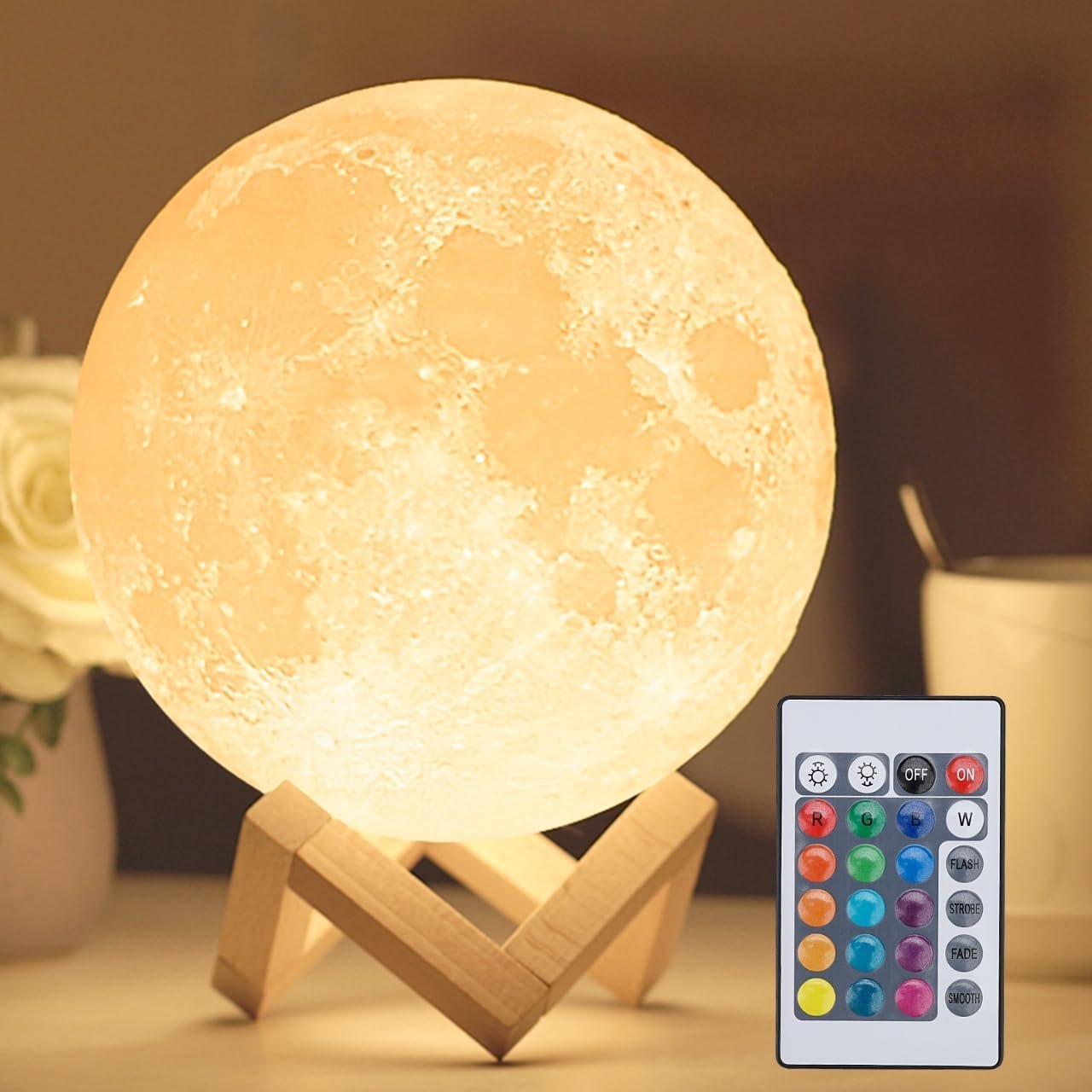 Christmas Update 16 Colours Moon Lamp with Wooden Base, 18 cm LED 3D Moonlight, Remote Control, Night Light, Lamp for Children, Girls, Bedroom, Home Decoration